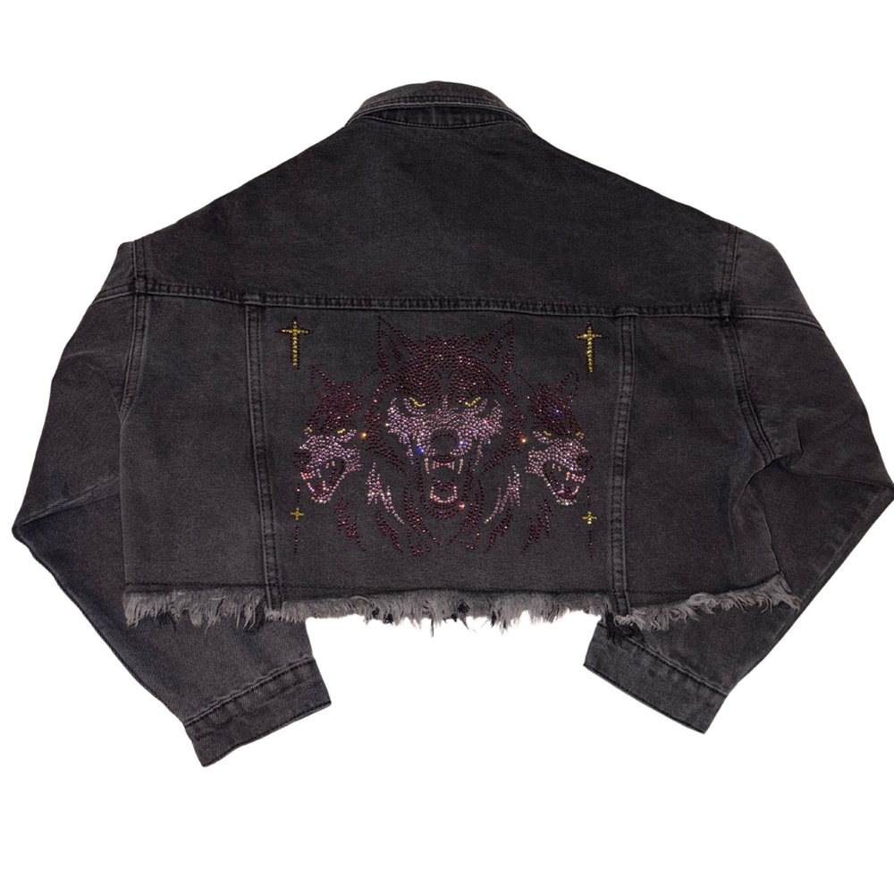 Edgy Black Denim Jacket with Embellished Wolf Designs
